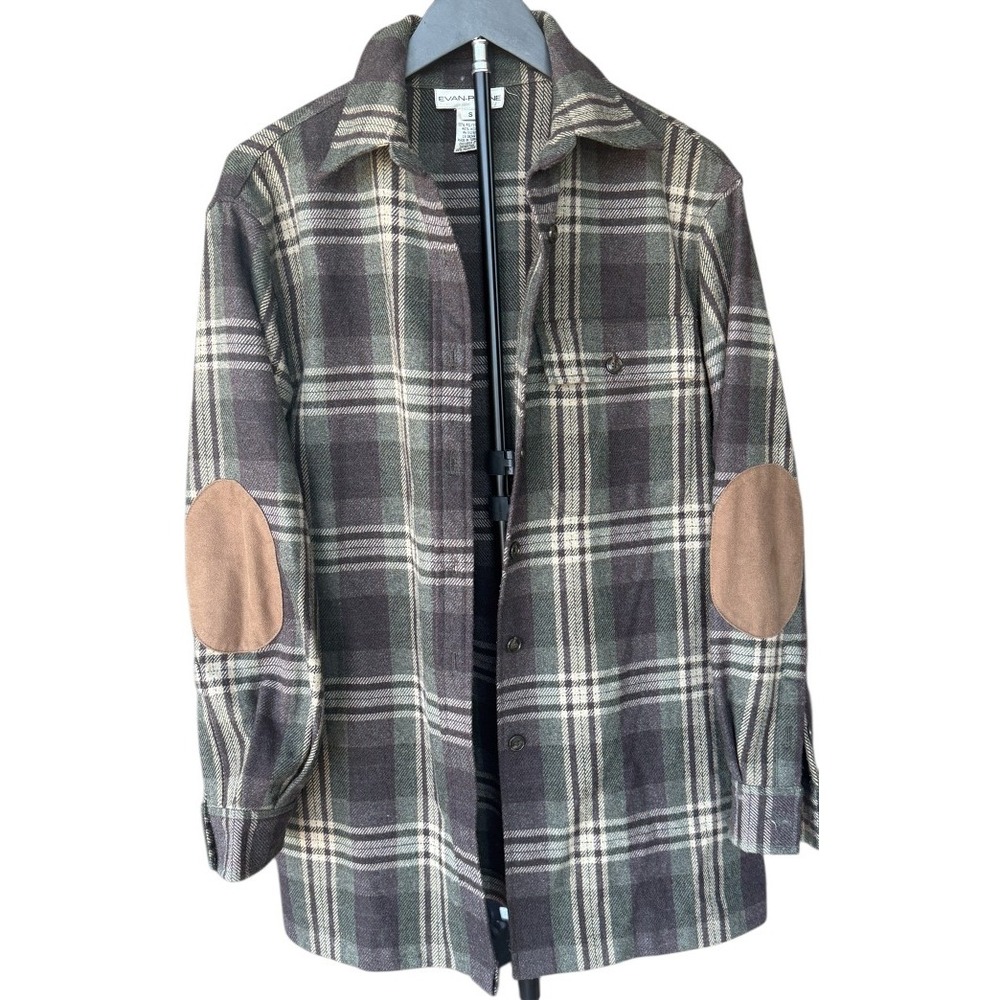 Evan Picone Mens Plaid Shacket Green Gray Button Front Elbow Patch Size S